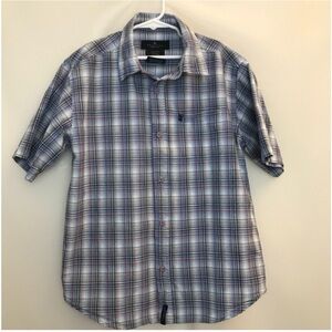 Boy’s Kenneth Cole Reaction Blue and Gray Plaid Button Down Shirt Size M (12-14)